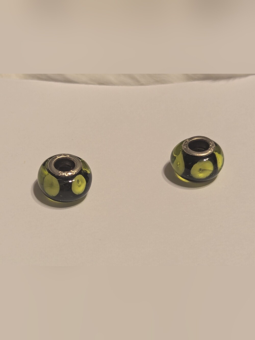 Set of 2 Light Green And Black Murano Glass Charms – .925 Sterling Silver Core